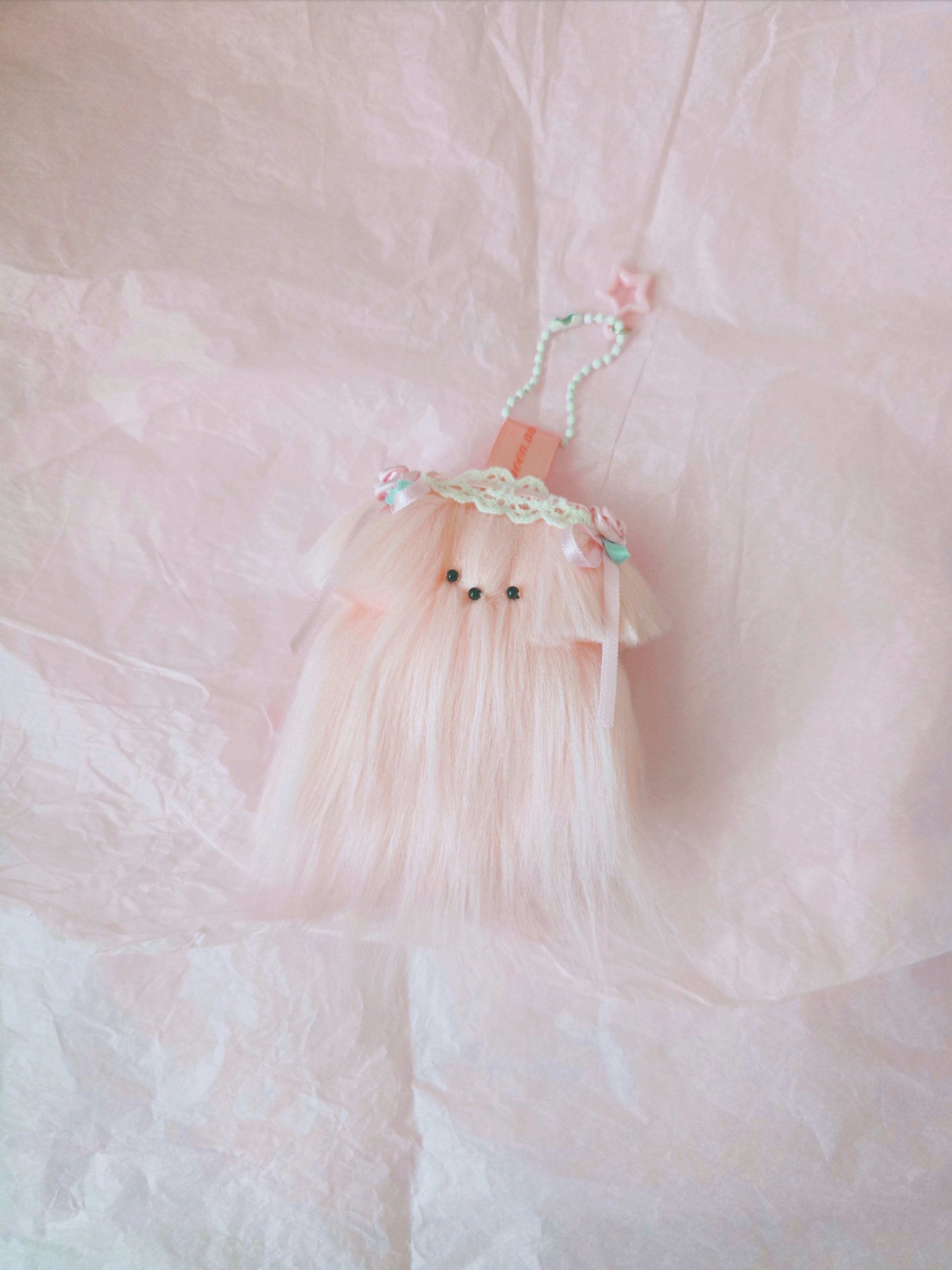문어가든 | Medium Fluffy puppy Keyring (Pink x Floral)