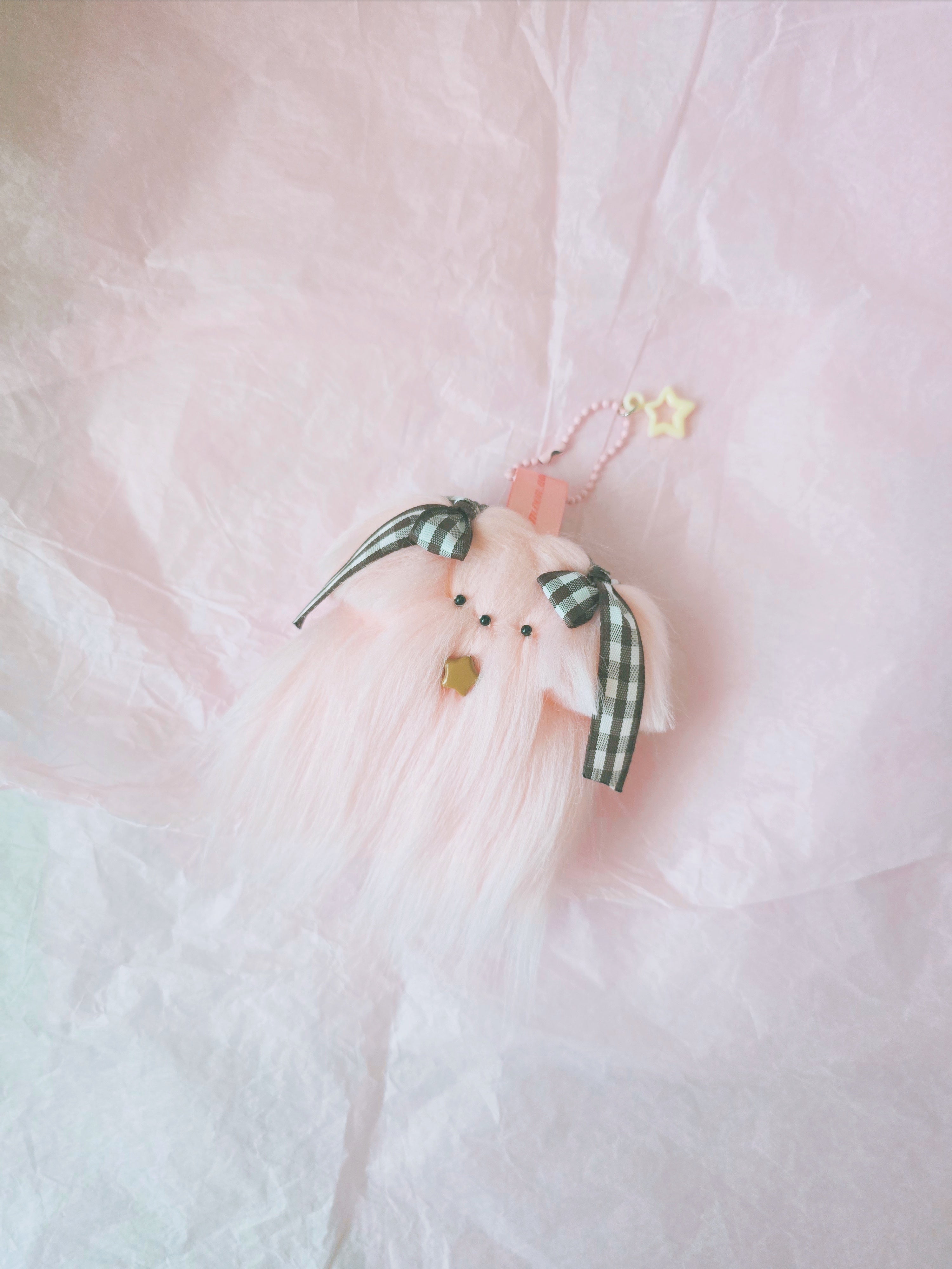 문어가든 | Medium Fluffy puppy Keyring (Pink x Check)